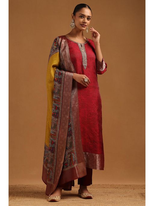 Soch Women Maroon Stripes Zari Kurta with Pant and Dupatta