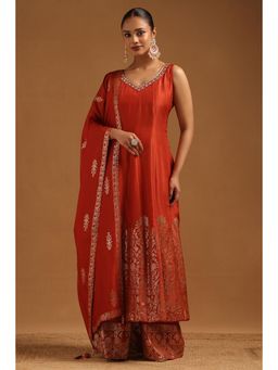 Soch - Women Rust Floral Woven Anarkali Kurta with Palazzo and Dupatta