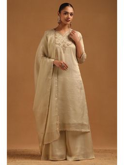 Soch - Women Beige Stripes Sequined Work Kurta with Palazzo and Dupatta