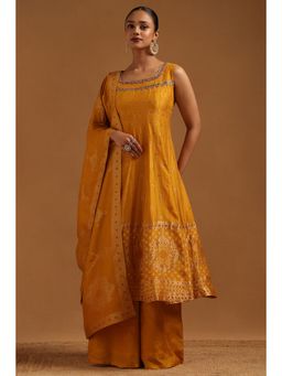 Soch - Women Mustard Woven Sequined Anarkali Kurta with Palazzo and Dupatta