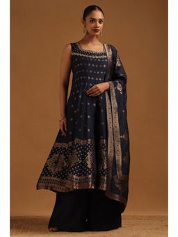 Soch - Women Navy Blue Woven Sequined Anarkali Kurta with Palazzo and Dupatta
