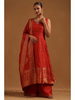Soch - Women Red Woven Zari Anarkali Kurta with Palazzo and Dupatta