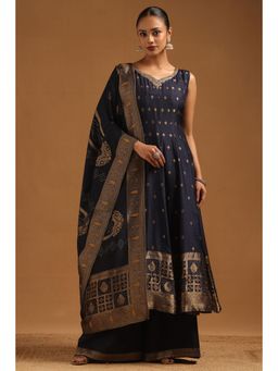 Soch - Women Navy Blue Woven Zari Anarkali Kurta with Palazzo and Dupatta