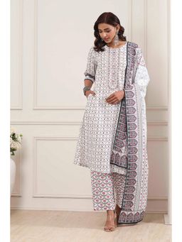 Biba - Women Off White Floral Printed Kurta with Pant and Dupatta