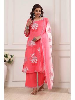 Biba - Women Coral Floral Printed Kurta with Palazzo and Dupatta