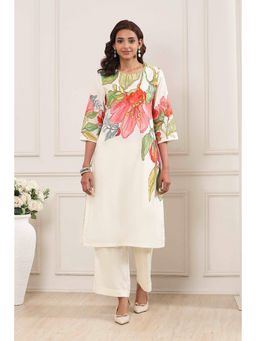 Biba - Women Off White Floral Printed Kurta with Palazzo