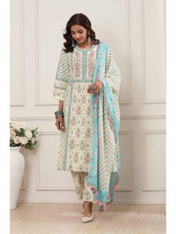 Biba - Women Off White Floral Embroidered Kurta with Palazzo and Dupatta
