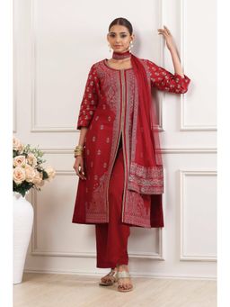 Biba - Women Maroon Floral Printed Kurta with Pant and Dupatta