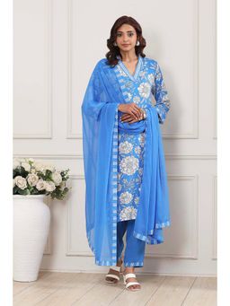 Biba - Women Blue Floral Printed Kurta with Pant and Dupatta