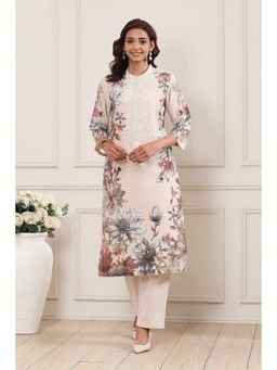 Biba - Women Beige Floral Embroidered Kurta with Pant