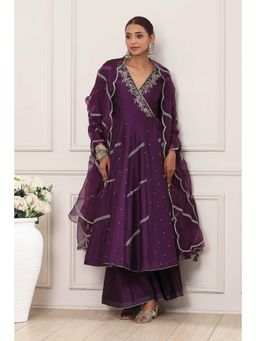 Biba - Women Purple Embroidered Angarkha Kurta with Palazzo and Dupatta