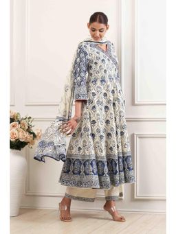 Biba - Women Blue Floral Printed Angarkha Kurta with Palazzo and Dupatta
