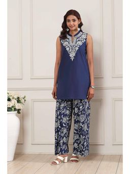 Biba - Women Blue Floral Embroidered Kurti with Palazzo