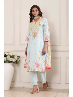 Biba - Women Blue Floral Printed Kurta with Pant and Dupatta