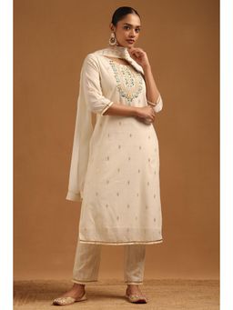 Soch - Women Off White Floral Embroidered Kurta with Pant and Dupatta