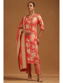 Soch - Women Coral Floral Sequined Work Kurta with Pant and Dupatta