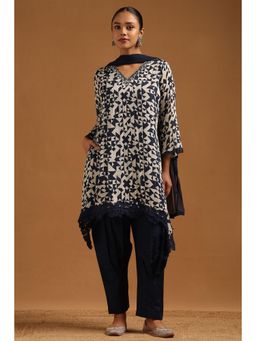 Soch - Women Navy Blue Printed Mirror Work Kurti with Salwar and Dupatta
