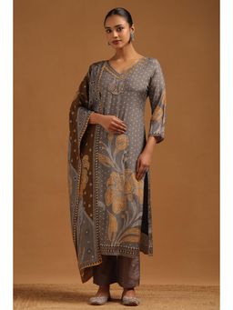 Soch - Women Grey Floral Beads-Stones Work Kurta with Pant and Dupatta