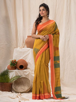 Angoshobha - Yellow Cotton Blended Temple Border Jamdani Saree with Unstitched Blouse