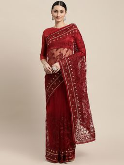 VAIRAGEE - Red Floral Embroidered Net Saree with Unstitched Blouse