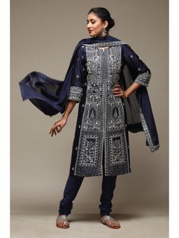 Biba - Navy Blue Cotton Blend Straight Kurta Churidar (Set of 3)