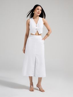 Twenty Dresses by Nykaa Fashion - White V Neck Vest Front Slit Midi Skirt Co Ord Set