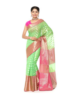 Banarasi Silk Works - Green Zari Booti Pink Pattu Border Art Saree with Unstitched Blouse