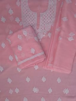 Seva Chikan - Peach Embroidered Unstitched Kurta and Bottom with Dupatta