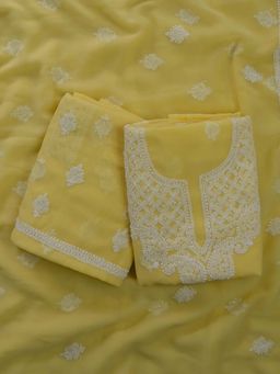 Seva Chikan - Yellow Embroidered Unstitched Kurta and Bottom with Dupatta