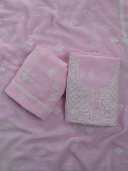 Seva Chikan - Pink Embroidered Unstitched Kurta and Bottom with Dupatta