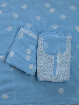 Seva Chikan - Blue Embroidered Unstitched Kurta and Bottom with Dupatta