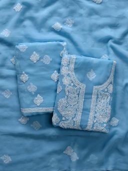 Seva Chikan - Blue Embroidered Unstitched Kurta and Bottom with Dupatta