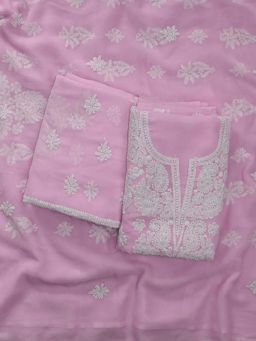 Seva Chikan - Pink Embroidered Unstitched Kurta and Bottom with Dupatta