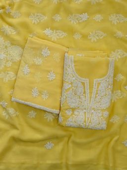 Seva Chikan - Yellow Embroidered Unstitched Kurta and Bottom with Dupatta