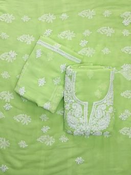 Seva Chikan - Green Embroidered Unstitched Kurta and Bottom with Dupatta