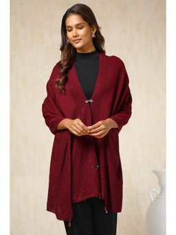 Soch - Maroon Self Design Tassel Shawl