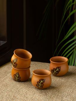 ExclusiveLane - 'Shades of a Leaf' Hand-Painted Terracotta Kullads (Set of 4, 160 ml)
