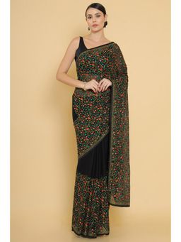 Soch - Women Black Chiffon Saree With Floral Embroidery And Embellished Borders (Set of 2)