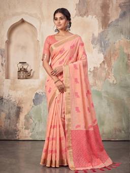 Nyri - Peach Woven Zari Linen Blend Saree
