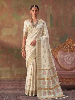 Nyri - Off White Woven Zari Silk Blend Saree