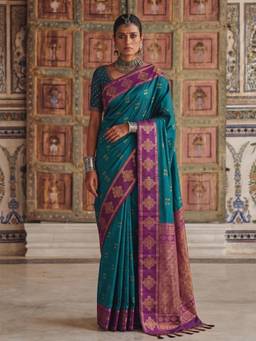 Nyri - Teal Woven Zari Silk Blend Saree