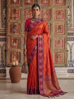 Nyri - Orange Woven Zari Silk Blend Saree