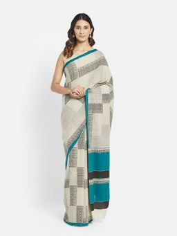 Fabindia - Teal Cotton Printed Saree without Blouse