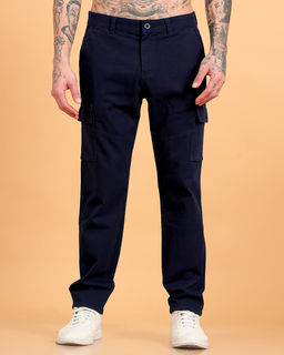 SILISOUL - Navy Blue Solid Relaxed Fit Cargo Pant
