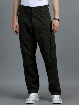 SILISOUL - Olive Solid Relaxed Fit Cargo Pant