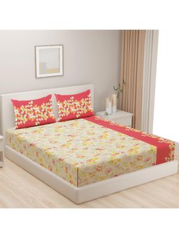 Swayam - Floral 144 Tc Double Bedsheet With 2 Pillow Cover Beige