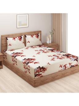 Swayam - Floral 180 Tc Double Bedsheet With 2 Pillow Cover Beige