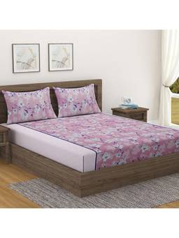Swayam - Floral 144 Tc Double Bedsheet With 2 Pillow Cover Pink