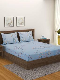 Swayam - Floral 210 Tc King Fitted Bedsheet With 2 Pillow Cover Blue