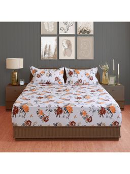 Swayam - Floral 210 Tc King Fitted Bedsheet With 2 Pillow Cover White